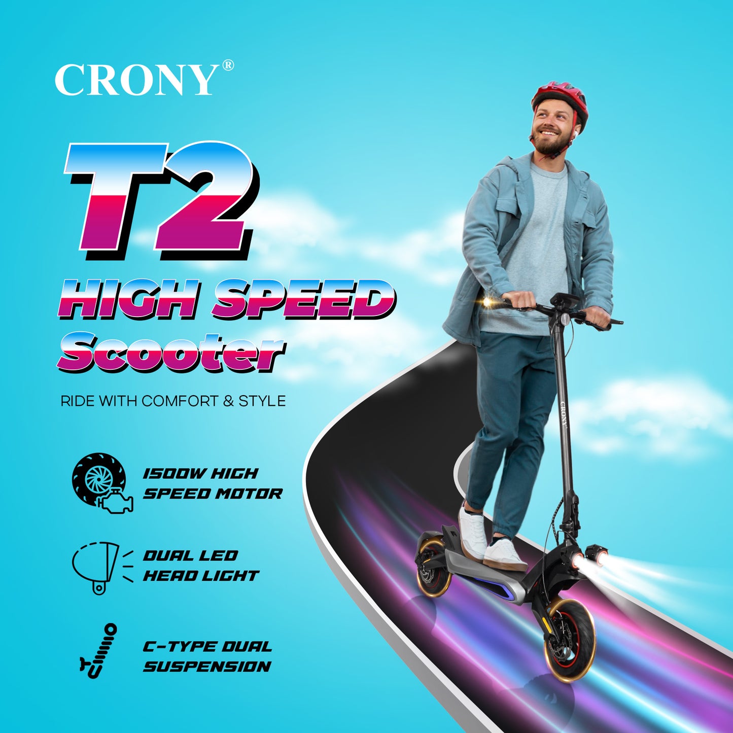 CRONY T2 Electric Scooter 1500W 70KM/H 48V 18Ah Battery 45-55KM Range 10 Inch Tubeless Tires Dual Suspension Foldable Smart App Control Front Rear Disc Brakes Heavy Duty Urban Off-Road Scooter for Adults