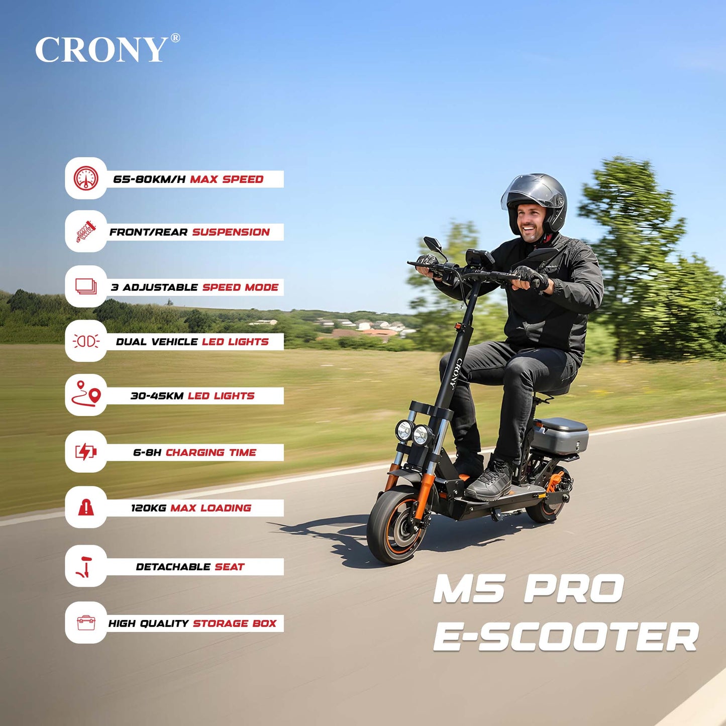 سكوتر كهربائي CRONY M5 Pro للكبار والأطفال مع مكبر صوت بلوتوث واتصال بالتطبيق