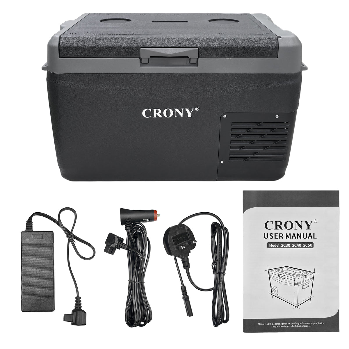 CRONY GC30 Portable Car Refrigerator 29L, 12V/24V DC & 100-220V AC Electric Cooler, -20°C to 20°C Temperature Range, LED Control Panel, Interior LED Light, Bottle Opener & Cup Holder, 1-Year Warranty