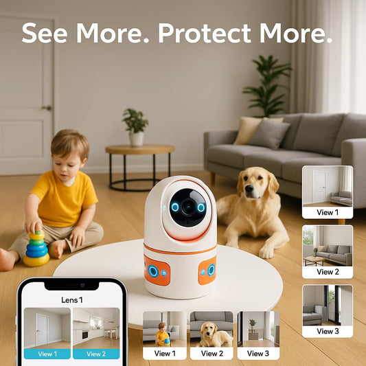 كاميرا مراقبة لاسلكية كروني JF3M بعدسات ثلاثية قابلة للتحريك والتكبير عبر الواي فاي للاستخدام الداخلي والخارجي، مراقبة منزلية بدقة 6 ميجابكسل، رؤية ليلية، وكشف حركة