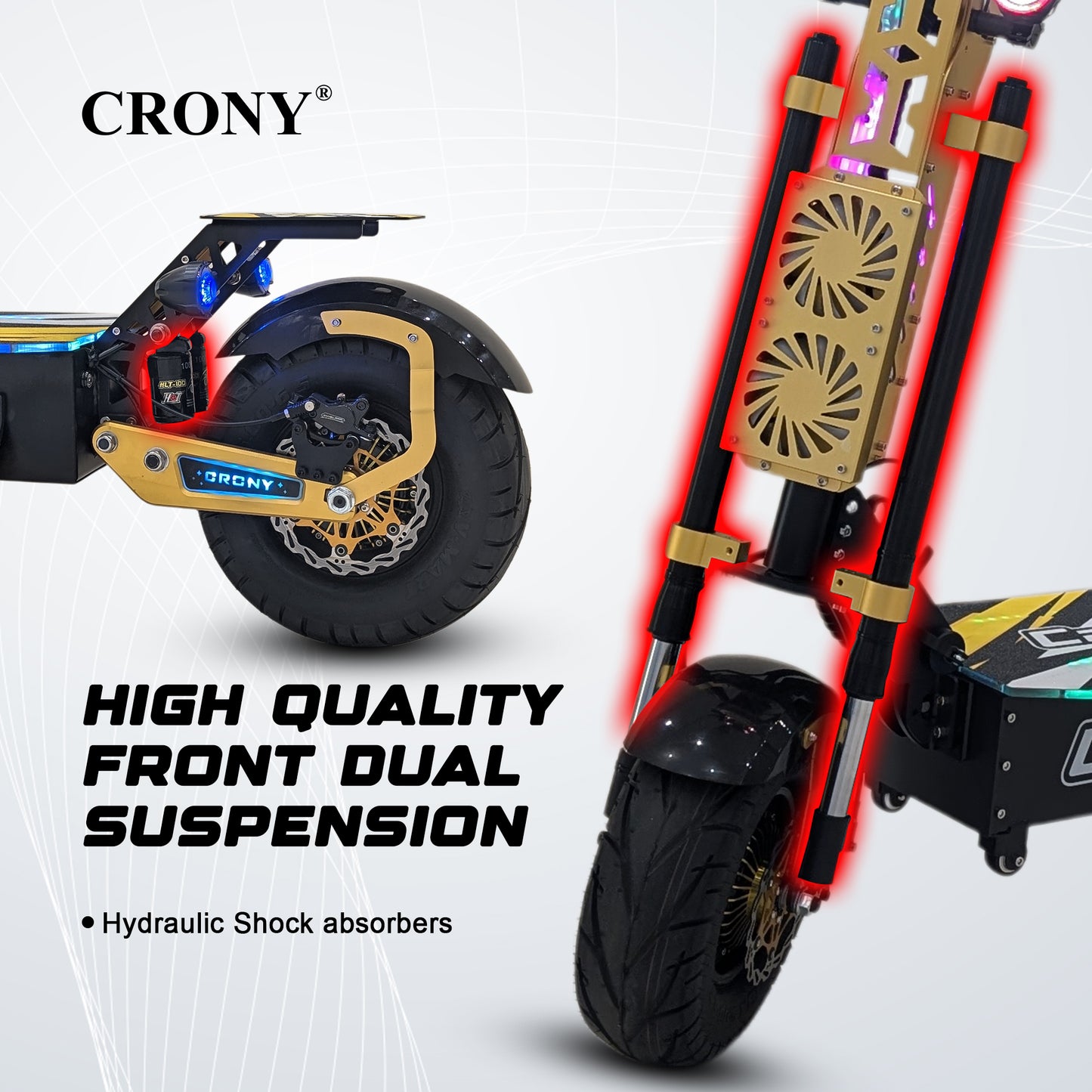 CRONY GT-13 Electric Scooter – Dual Motor, 13-Inch Fat Tires, Aluminum Alloy Frame, Front & Rear Suspension, Oil Disc Brakes, LED Lights, LCD Display, Bluetooth Speaker, Phone Holder & Foldable Design | High-Performance Off-Road Scooter