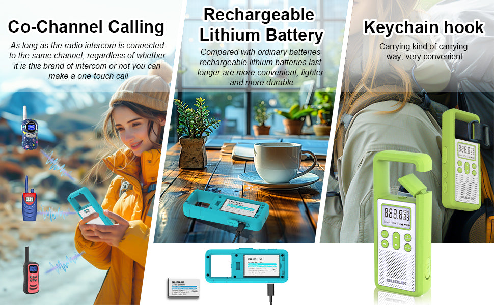 Crony Q368 Portable walkie talkleA built-in hook easily attaches to backpacks or belt loops to prevent loss.