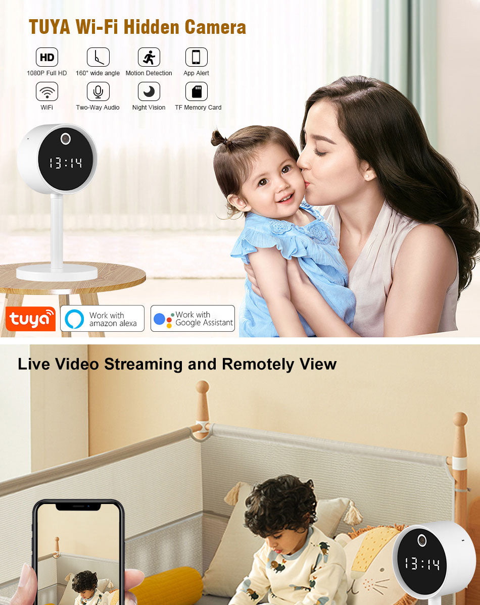 كاميرا ساعة لاسلكية بتصميم رأس ساعة، كاميرا ساعة CRONY X8-1080P-WiFi، ساعة طاولة