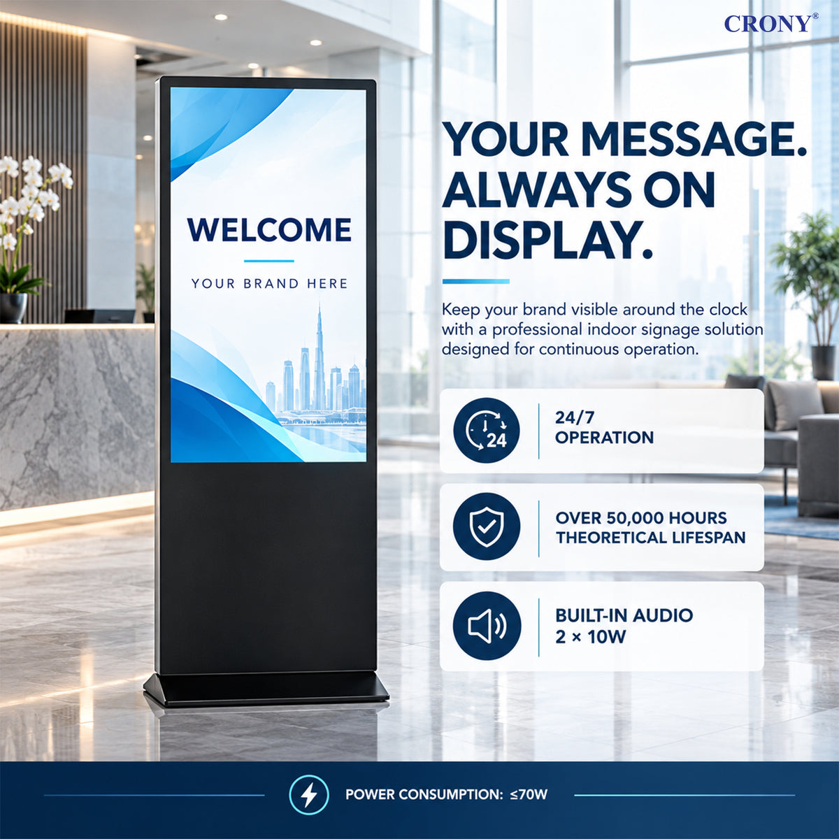 CRONY TX43-2 Portable Smart Display | Full HD 1920×1080 | Android 11 / Windows 11 | 2GB RAM + 32GB ROM | Wi-Fi & Bluetooth | Folding Stand with Wheels | IP65 Waterproof | 24/7 Operation
