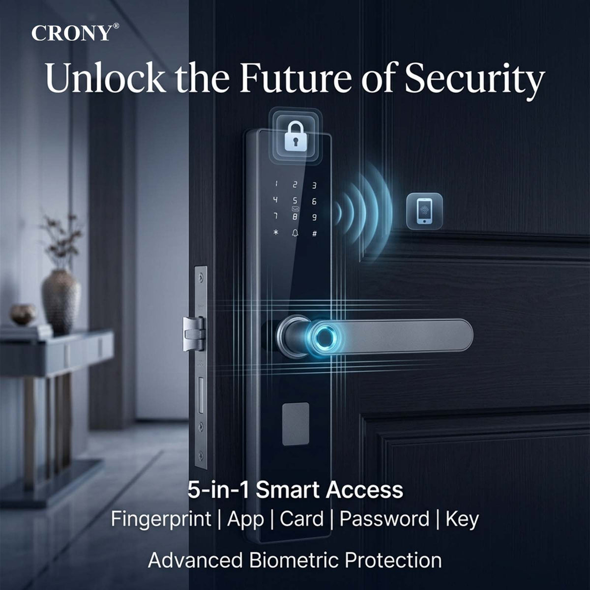 CRONY MJ-18 Smart Door Lock 5-in-1 Built-in Wifi Fingerprint Keyless Entry Weather-Resistant Child Safety Lock for Home Rental Office and Hotel TUYA App Control (black)