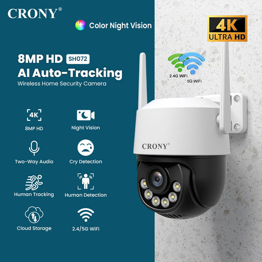 كاميرا لاسلكية CRONY SH072 من Srihome بدقة 8 ميجابكسل، كاميرا واي فاي 5G بدقة 8 ميجابكسل مع رؤية ليلية، كشف حركة الإنسان، وصوت ثنائي الاتجاه