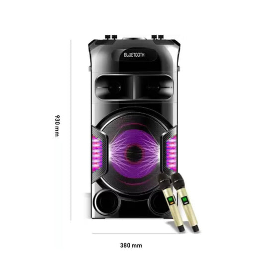 CRONY SN-128 100W Bluetooth Trolley Speaker with 2 UHF mics Record Function LED Disco Lights Aux FM Radio USB Memory Card