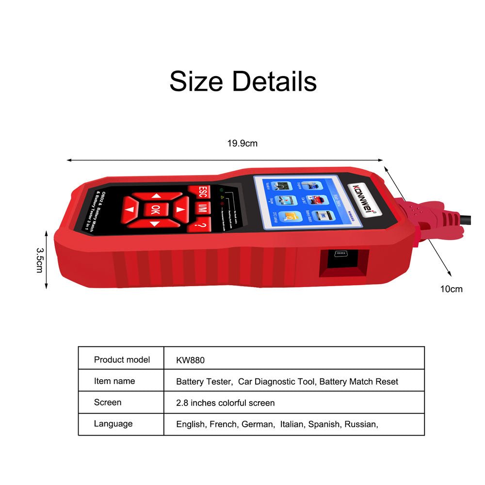 KONNWEI KW880 Battery Tester Car OBDII Battery Match Reset Tool OBDII Diagnostic Fault Scanner For 6V-12V Auto Motorcycle - Edragonmall.com