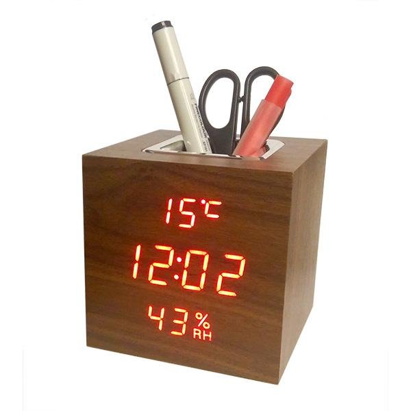 Wooden Cube Electronic Clock, Multifunction Alarm Clock with Light and Stand for Pens -vst-878s - Edragonmall.com