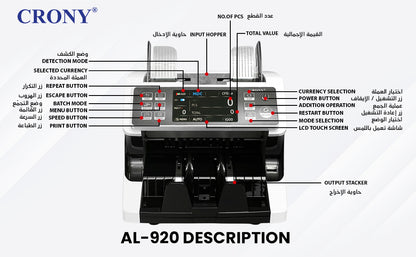 جهاز عد النقود عالي الجودة CRONY AL-920 للتحقق من الأوراق النقدية متعدد العملات والقيم مزدوج