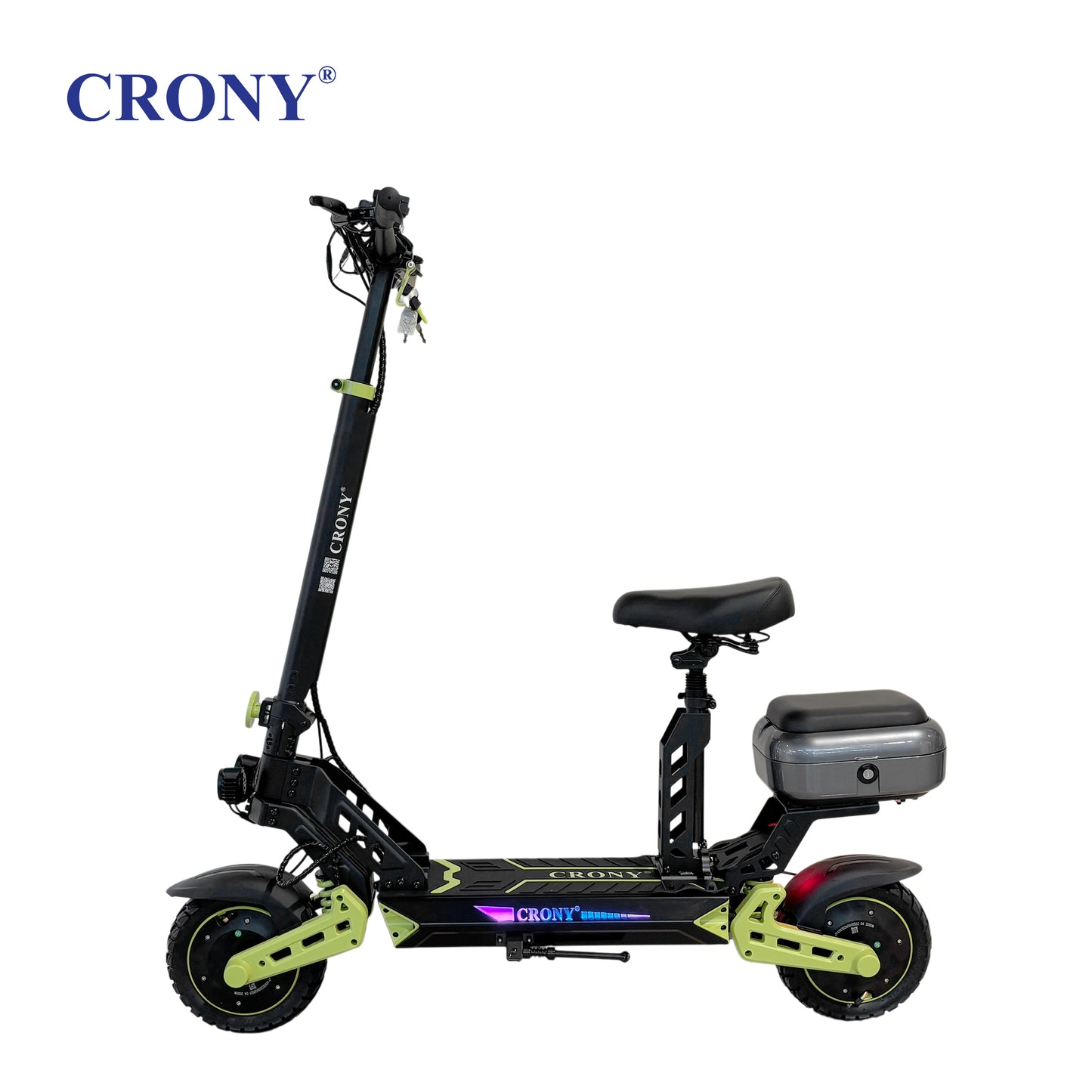 CRONY D2 Dual Motor Electric Scooter with Seat, 4000W (2000W x2), 48V 18.2Ah Battery, 45-60KM Range, Up to 70KM/H, 10-Inch Tires, Front & Rear Suspension, Disc Brakes, LED Lights, Bluetooth APP, Green