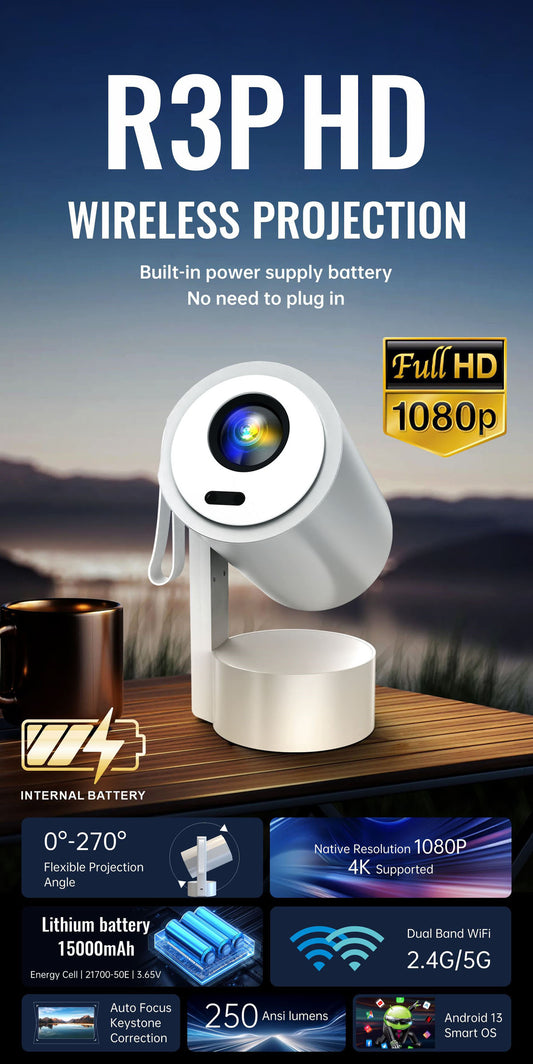 جهاز عرض محمول صغير CRONY R3P بدقة 1080 بكسل LED جهاز عرض ذكي يدعم فك ترميز 4K أندرويد مع مكبرات صوت مدمجة