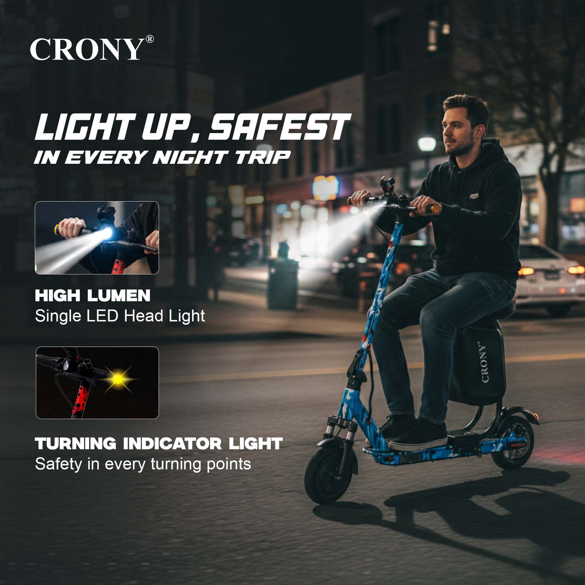 XM M365 APP+SEAT-Blue Camowith Suspension is a foldable electric scooter designed for adult urban commuting. Powered by a 350W motor, it delivers speeds between 25–45 km/h with a range of 15–20 km per charge