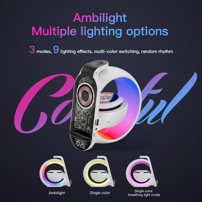 مصباح طاولة متعدد الوظائف مع مكبر صوت BT وميكروفون وساعة وشحن لاسلكي مصباح طاولة كبير G مع مكبر صوت بلوتوث وحزام قمح وساعة مع شحن لاسلكي متعدد الوظائف