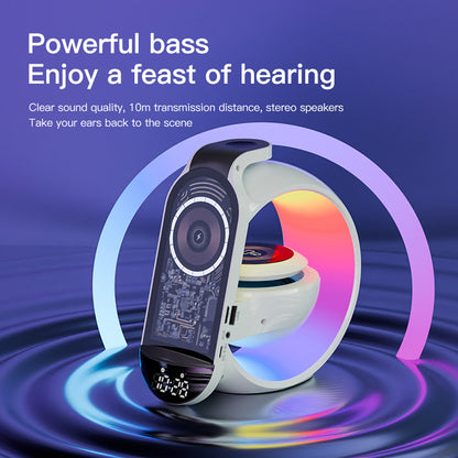 مصباح طاولة متعدد الوظائف مع مكبر صوت BT وميكروفون وساعة وشحن لاسلكي مصباح طاولة كبير G مع مكبر صوت بلوتوث وحزام قمح وساعة مع شحن لاسلكي متعدد الوظائف