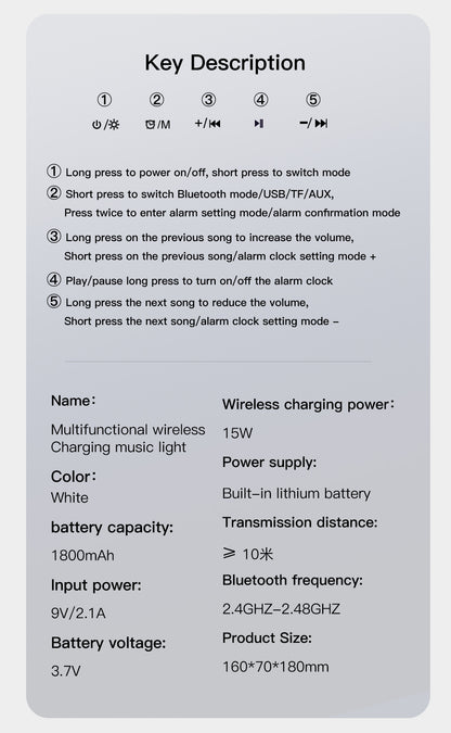 مصباح طاولة متعدد الوظائف مع مكبر صوت BT وميكروفون وساعة وشحن لاسلكي مصباح طاولة كبير G مع مكبر صوت بلوتوث وحزام قمح وساعة مع شحن لاسلكي متعدد الوظائف