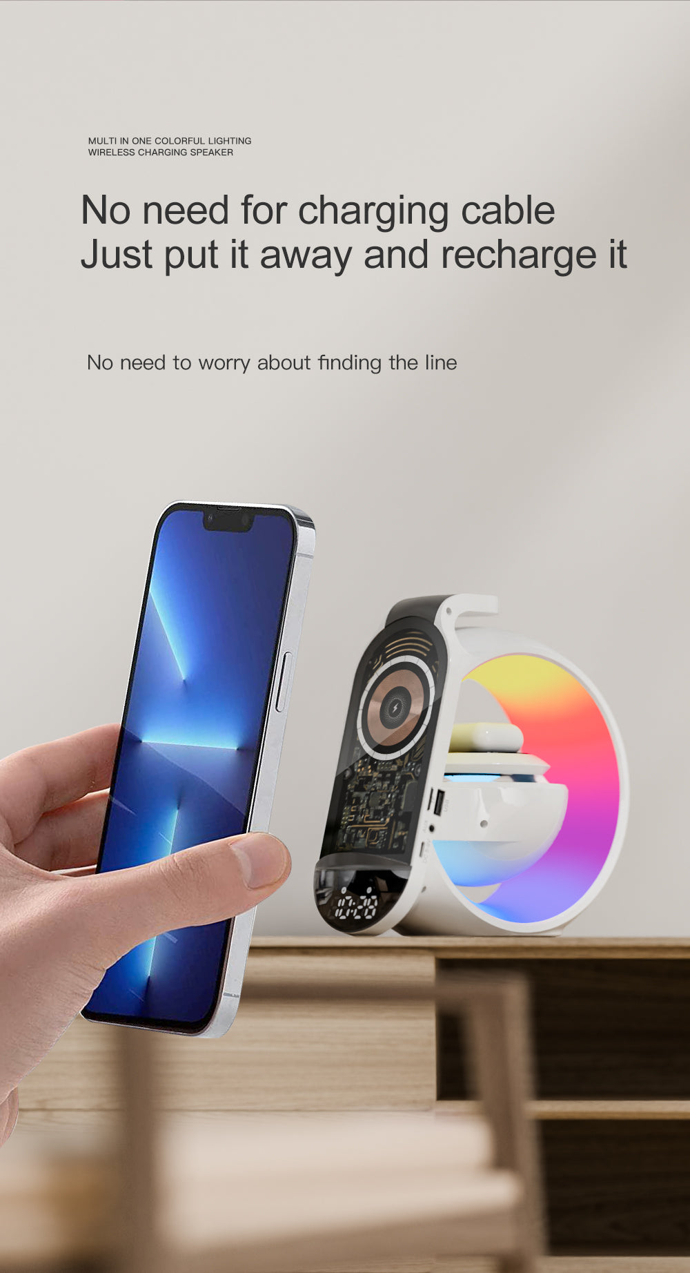 مصباح طاولة متعدد الوظائف مع مكبر صوت BT وميكروفون وساعة وشحن لاسلكي مصباح طاولة كبير G مع مكبر صوت بلوتوث وحزام قمح وساعة مع شحن لاسلكي متعدد الوظائف