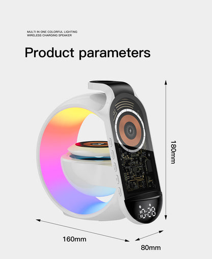 مصباح طاولة متعدد الوظائف مع مكبر صوت BT وميكروفون وساعة وشحن لاسلكي مصباح طاولة كبير G مع مكبر صوت بلوتوث وحزام قمح وساعة مع شحن لاسلكي متعدد الوظائف