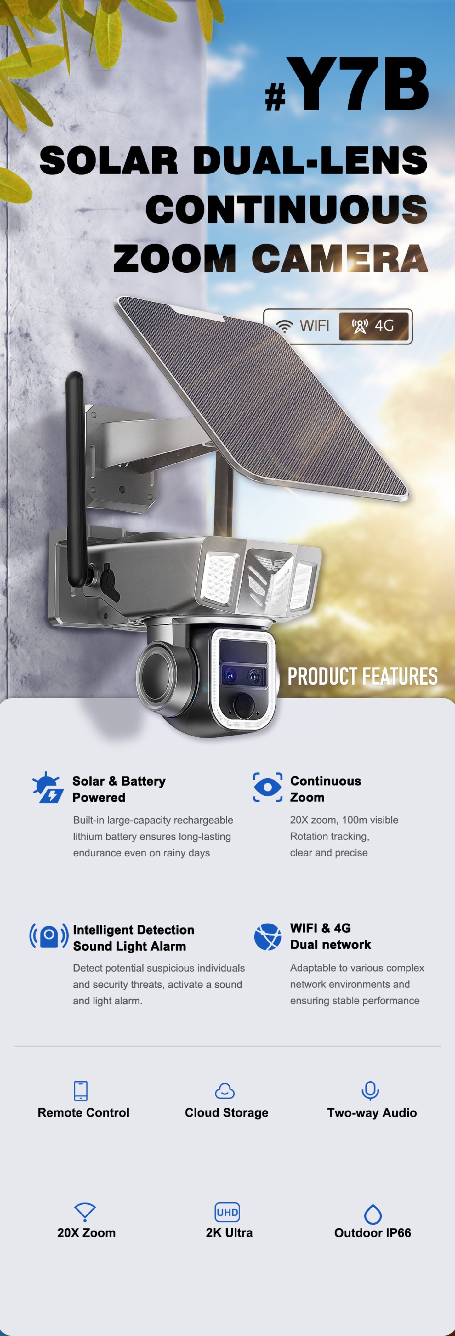 كروني Y7B 4G-4K-8MP كاميرا شمسية مزدوجة العدسة مع تكبير مستمر