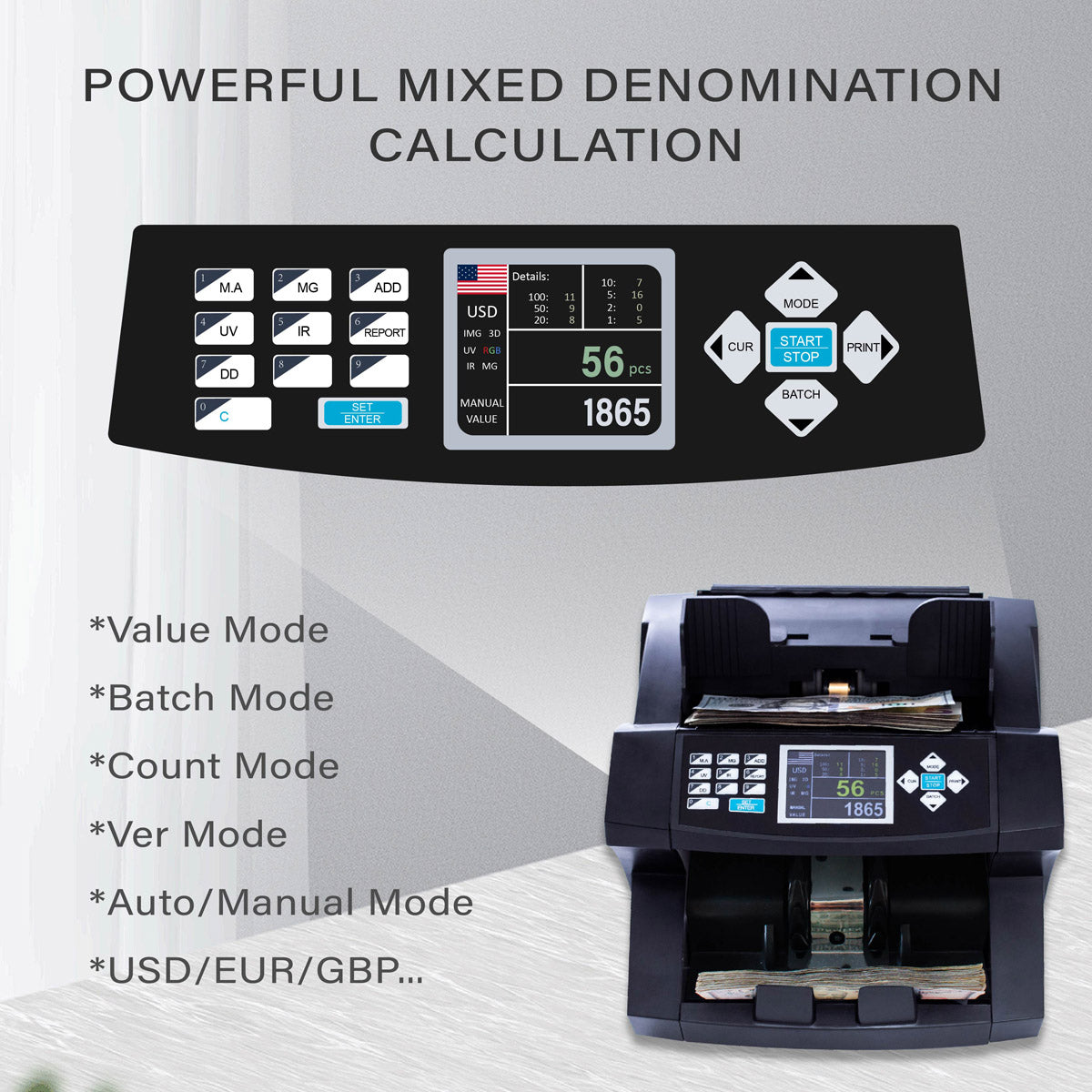 عداد الأوراق النقدية CRONY H-8600 بفئات مختلطة – آلة عد الأوراق النقدية عالية السرعة مع 3 أوضاع سرعة وشاشة LCD للاستخدام في المكتب والمتجر والبنك