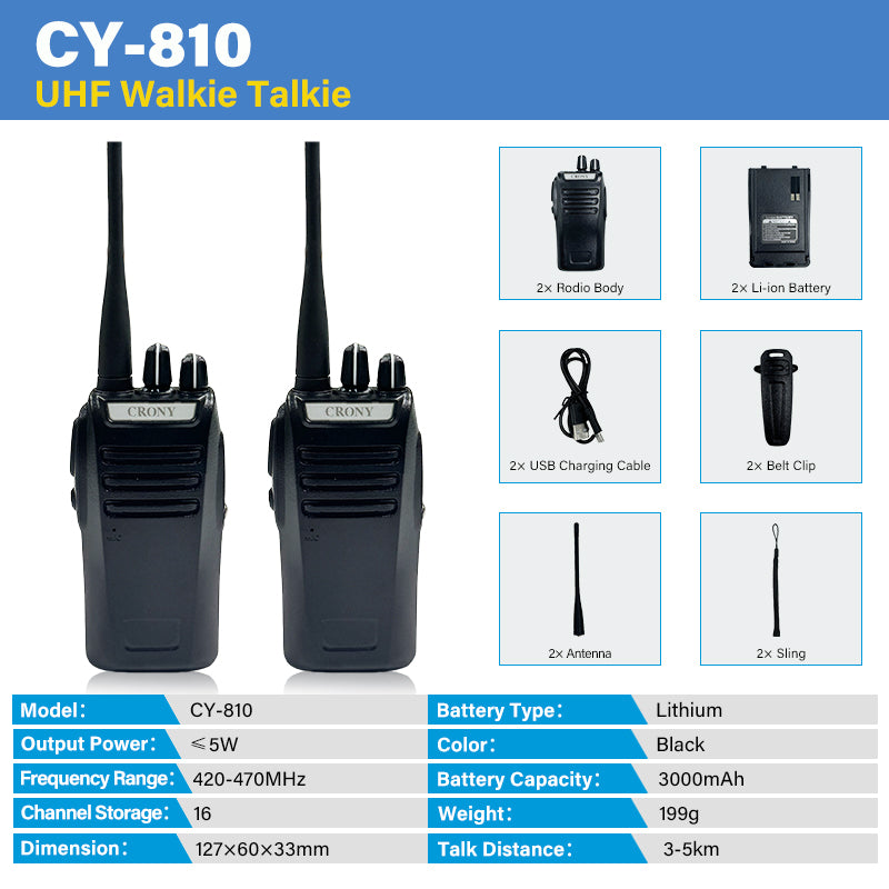 كروني 5W CY-810 TPYE-C جهاز اتصال لاسلكي محمول يدوي مدني ثنائي الاتجاه 3-5 كم أسود جهاز اتصال لاسلكي محمول