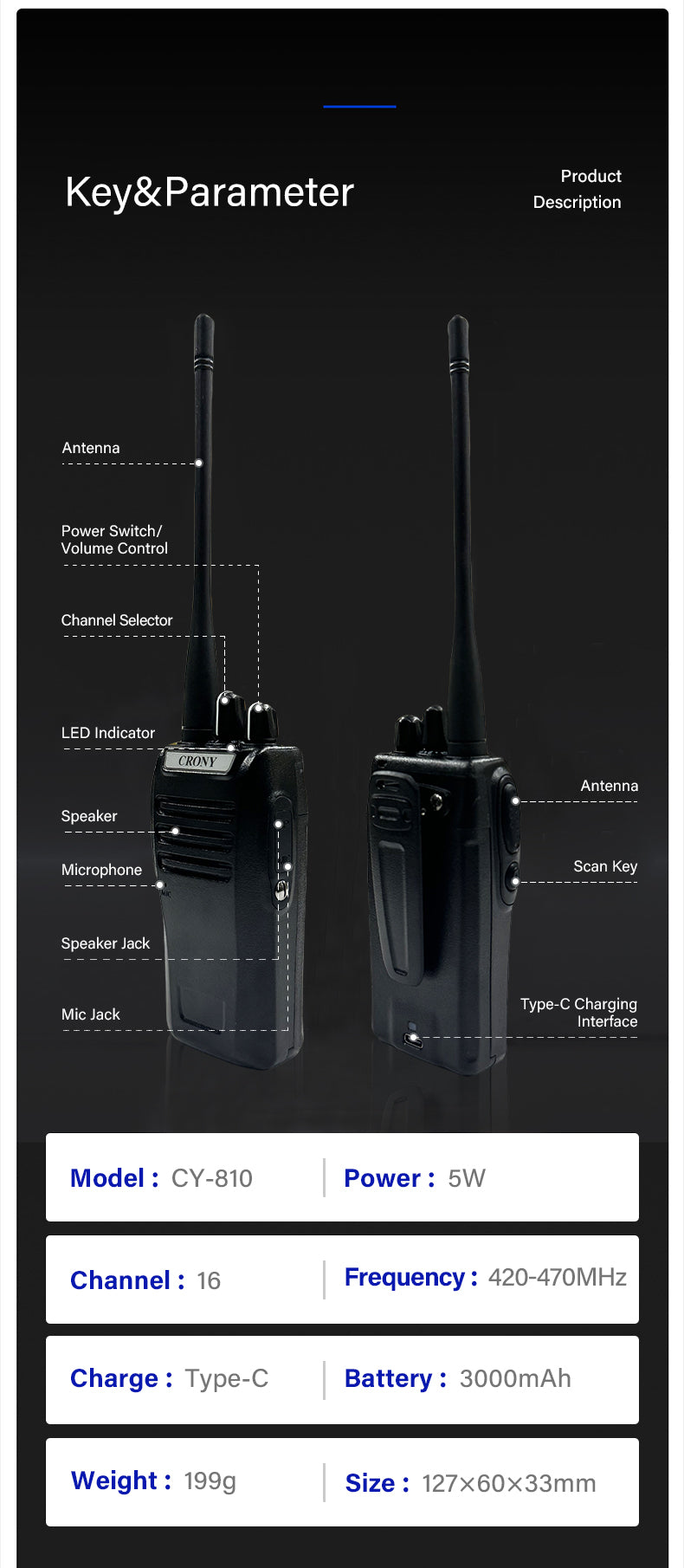 كروني 5W CY-810 TPYE-C جهاز اتصال لاسلكي محمول يدوي مدني ثنائي الاتجاه 3-5 كم أسود جهاز اتصال لاسلكي محمول