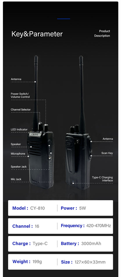 كروني 5W CY-810 TPYE-C جهاز اتصال لاسلكي محمول يدوي مدني ثنائي الاتجاه 3-5 كم أسود جهاز اتصال لاسلكي محمول