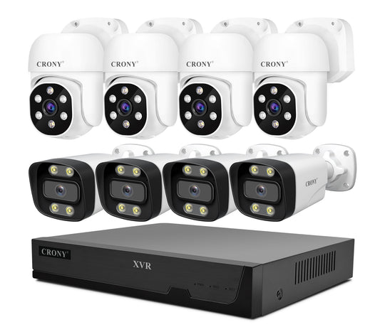 نظام كاميرا أمان CRONY NVS008 بثماني قنوات 5 ميجابكسل للمراقبة الخارجية والداخلية مع جهاز تسجيل DVR مع 8 كاميرات AHD 5MN مع صوت، رؤية ليلية، وكشف حركة