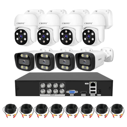 نظام كاميرا أمان CRONY NVS008 بثماني قنوات 5 ميجابكسل للمراقبة الخارجية والداخلية مع جهاز تسجيل DVR مع 8 كاميرات AHD 5MN مع صوت، رؤية ليلية، وكشف حركة