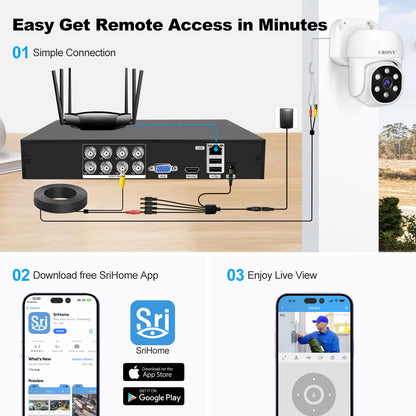 نظام كاميرا أمان CRONY NVS008 بثماني قنوات 5 ميجابكسل للمراقبة الخارجية والداخلية مع جهاز تسجيل DVR مع 8 كاميرات AHD 5MN مع صوت، رؤية ليلية، وكشف حركة