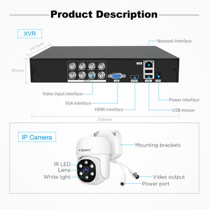 نظام كاميرا أمان CRONY NVS008 بثماني قنوات 5 ميجابكسل للمراقبة الخارجية والداخلية مع جهاز تسجيل DVR مع 8 كاميرات AHD 5MN مع صوت، رؤية ليلية، وكشف حركة
