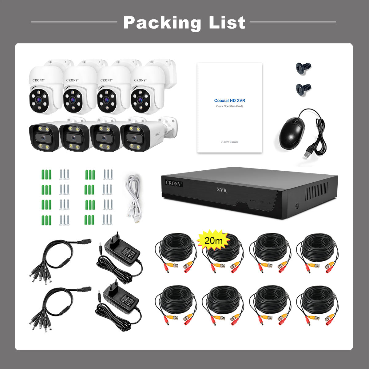 نظام كاميرا أمان CRONY NVS008 بثماني قنوات 5 ميجابكسل للمراقبة الخارجية والداخلية مع جهاز تسجيل DVR مع 8 كاميرات AHD 5MN مع صوت، رؤية ليلية، وكشف حركة