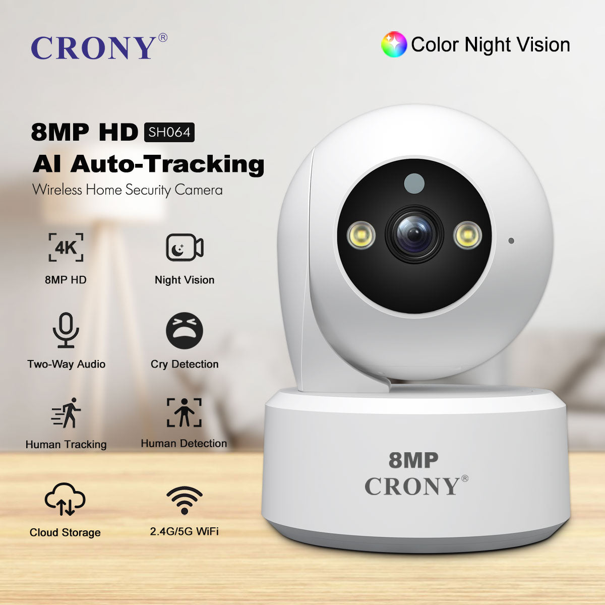 كاميرا أمان داخلية CRONY SH064 بدقة 8 ميجابكسل، كاميرا مراقبة واي فاي مع صوت ثنائي الاتجاه، رؤية ليلية، تتبع بشري، 5G، شبكة مزدوجة، جهاز مراقبة أطفال لاسلكي