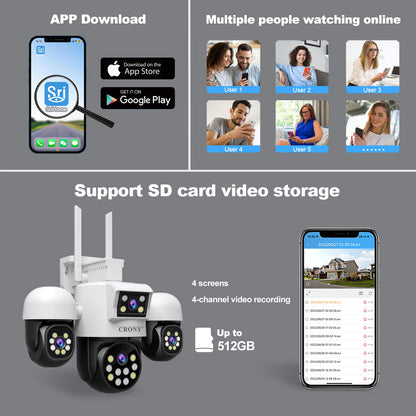 كاميرا أمان داخلية وخارجية CRONY SH069 بعدسة رباعية 1080P PTZ نظام مراقبة مع صوت ثنائي الاتجاه رؤية ليلية ملونة كاملة كشف الحركة إنذار نظام كاميرا واي فاي