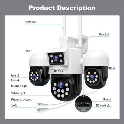 كاميرا أمان داخلية وخارجية CRONY SH069 بعدسة رباعية 1080P PTZ نظام مراقبة مع صوت ثنائي الاتجاه رؤية ليلية ملونة كاملة كشف الحركة إنذار نظام كاميرا واي فاي