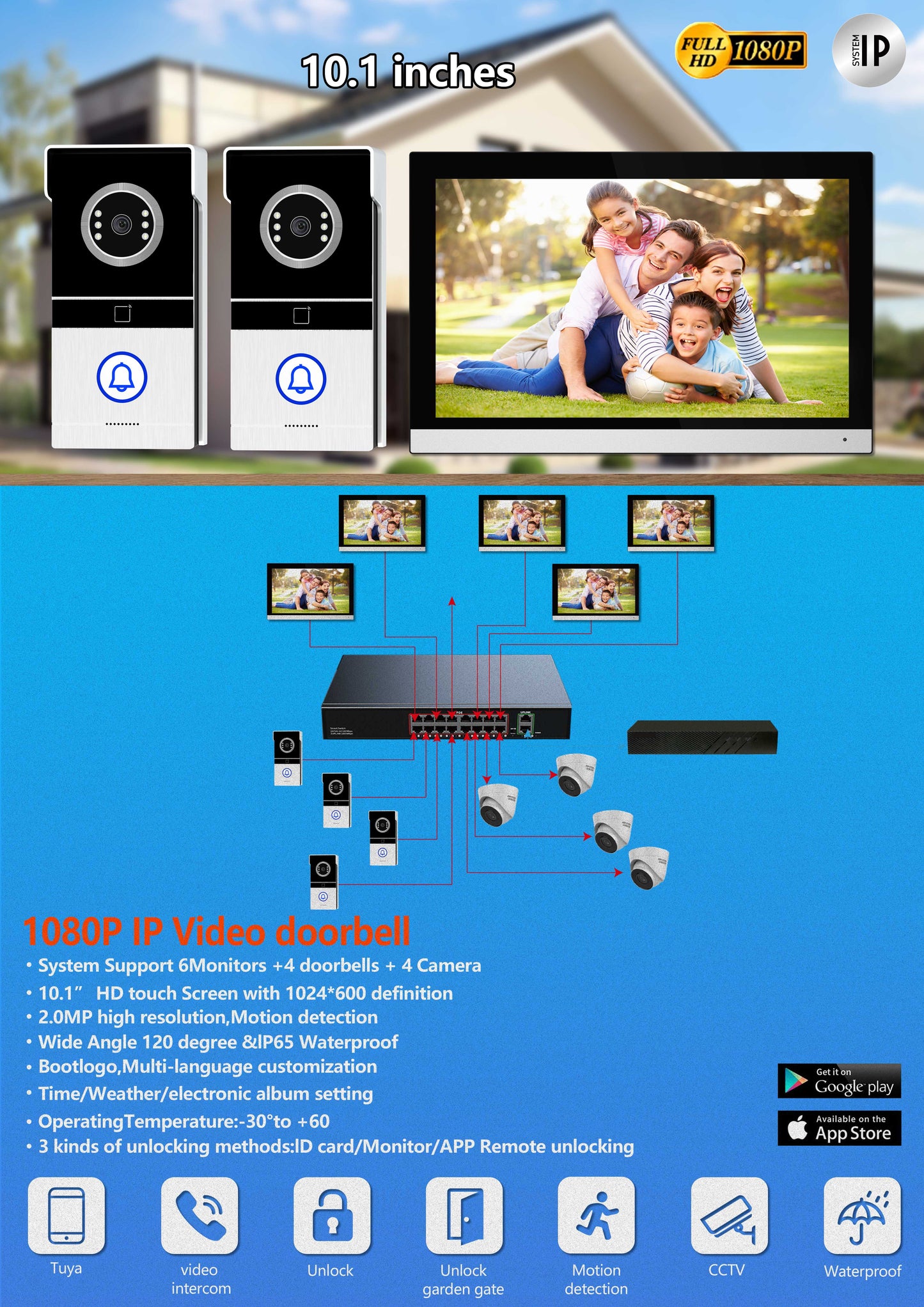 نظام جرس باب فيديو CRONY TUYATY102THTD2X1 بشاشة لمس 10 بوصة AHD سلكي مع كاميرا 1080P تحكم ذكي عبر التطبيق رؤية ليلية كشف حركة دعم فتح عن بُعد ودعم بطاقة TF