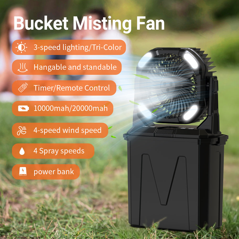 مروحة رش دلو CRONY F913 مروحة رذاذ قابلة لإعادة الشحن مع بطارية 20000mAh ضوء RGB مخرج USB مروحة محمولة للتخييم في الهواء الطلق السفر الاستخدام الطارئ