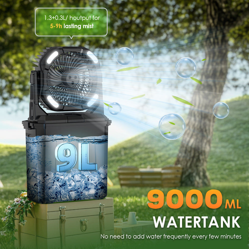 مروحة رش دلو CRONY F913 مروحة رذاذ قابلة لإعادة الشحن مع بطارية 20000mAh ضوء RGB مخرج USB مروحة محمولة للتخييم في الهواء الطلق السفر الاستخدام الطارئ