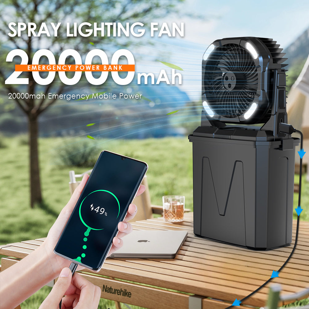 مروحة رش دلو CRONY F913 مروحة رذاذ قابلة لإعادة الشحن مع بطارية 20000mAh ضوء RGB مخرج USB مروحة محمولة للتخييم في الهواء الطلق السفر الاستخدام الطارئ