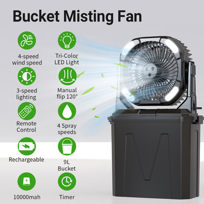 مروحة رش دلو CRONY F913 مروحة رذاذ قابلة لإعادة الشحن مع بطارية 20000mAh ضوء RGB مخرج USB مروحة محمولة للتخييم في الهواء الطلق السفر الاستخدام الطارئ