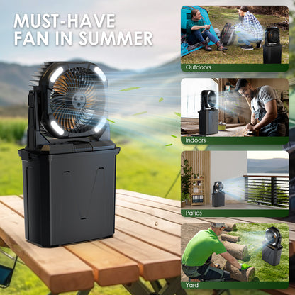 مروحة رش دلو CRONY F913 مروحة رذاذ قابلة لإعادة الشحن مع بطارية 20000mAh ضوء RGB مخرج USB مروحة محمولة للتخييم في الهواء الطلق السفر الاستخدام الطارئ