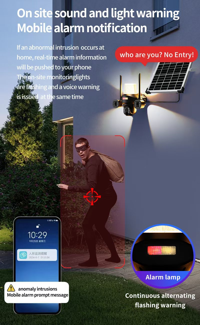 كروني TB02-4G-4K تطبيق V380 PRO ضوء شارع شمسي كاميرا بثلاث رؤوس 4G 5MP مقاوم للماء في الهواء الطلق IP65 عدسة مزدوجة رؤية ليلية صوت ثنائي الاتجاه