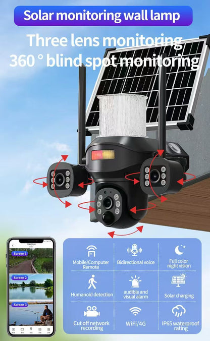 كروني TB02-4G-4K تطبيق V380 PRO ضوء شارع شمسي كاميرا بثلاث رؤوس 4G 5MP مقاوم للماء في الهواء الطلق IP65 عدسة مزدوجة رؤية ليلية صوت ثنائي الاتجاه