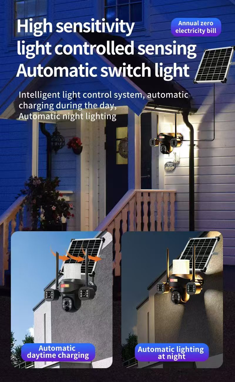 كروني TB02-4G-4K تطبيق V380 PRO ضوء شارع شمسي كاميرا بثلاث رؤوس 4G 5MP مقاوم للماء في الهواء الطلق IP65 عدسة مزدوجة رؤية ليلية صوت ثنائي الاتجاه