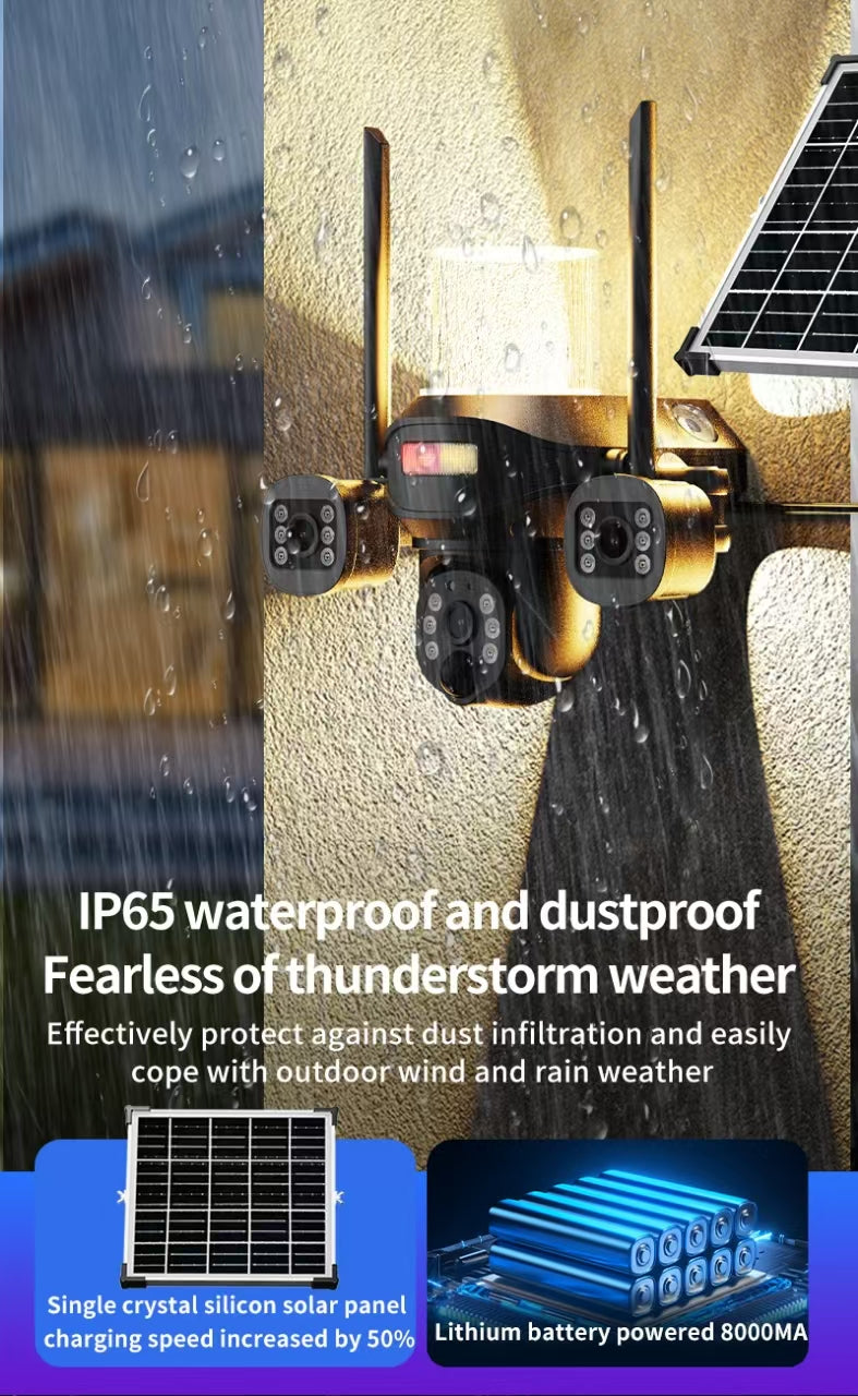 كروني TB02-4G-4K تطبيق V380 PRO ضوء شارع شمسي كاميرا بثلاث رؤوس 4G 5MP مقاوم للماء في الهواء الطلق IP65 عدسة مزدوجة رؤية ليلية صوت ثنائي الاتجاه