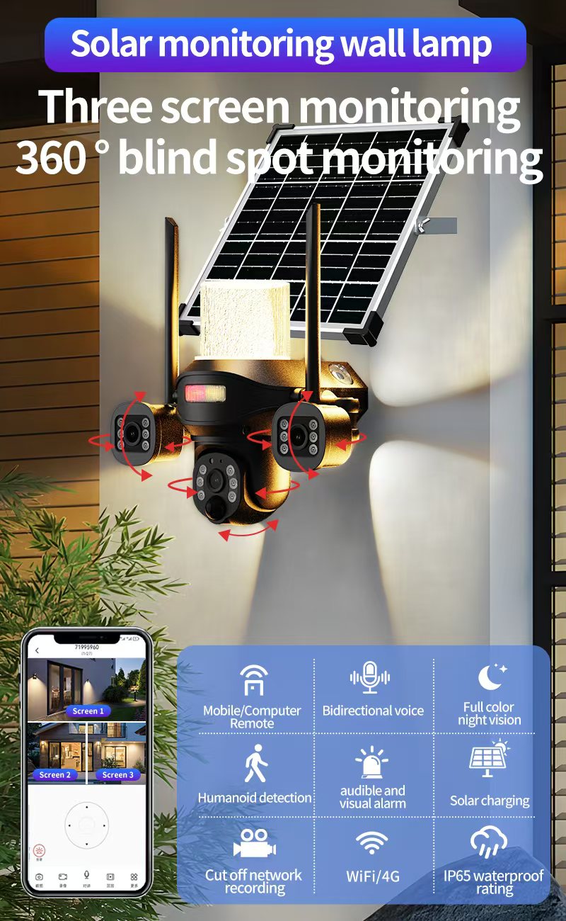 كروني TB02-4G-4K تطبيق V380 PRO ضوء شارع شمسي كاميرا بثلاث رؤوس 4G 5MP مقاوم للماء في الهواء الطلق IP65 عدسة مزدوجة رؤية ليلية صوت ثنائي الاتجاه