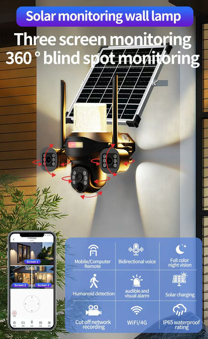 كروني TB02-4G-4K تطبيق V380 PRO ضوء شارع شمسي كاميرا بثلاث رؤوس 4G 5MP مقاوم للماء في الهواء الطلق IP65 عدسة مزدوجة رؤية ليلية صوت ثنائي الاتجاه