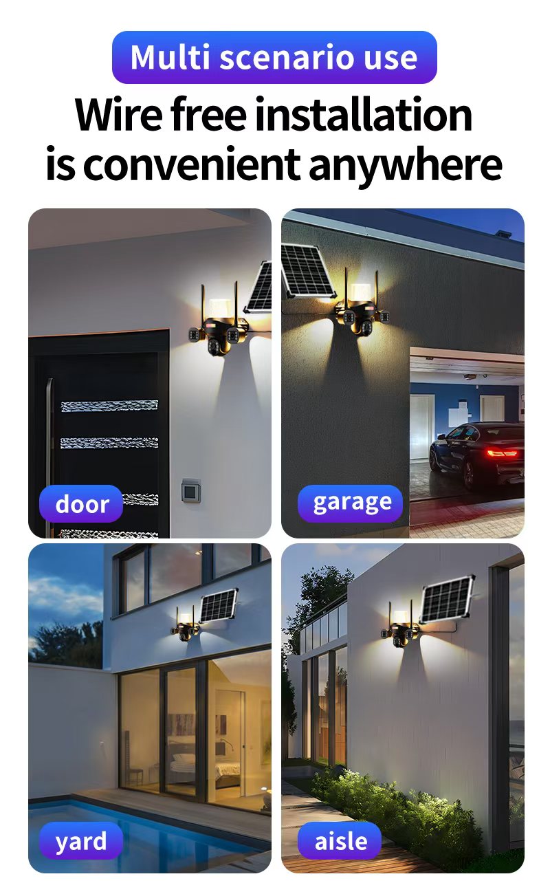 كروني TB02-4G-4K تطبيق V380 PRO ضوء شارع شمسي كاميرا بثلاث رؤوس 4G 5MP مقاوم للماء في الهواء الطلق IP65 عدسة مزدوجة رؤية ليلية صوت ثنائي الاتجاه