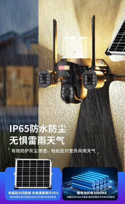 كروني TB02-4G-4K تطبيق V380 PRO ضوء شارع شمسي كاميرا بثلاث رؤوس 4G 5MP مقاوم للماء في الهواء الطلق IP65 عدسة مزدوجة رؤية ليلية صوت ثنائي الاتجاه