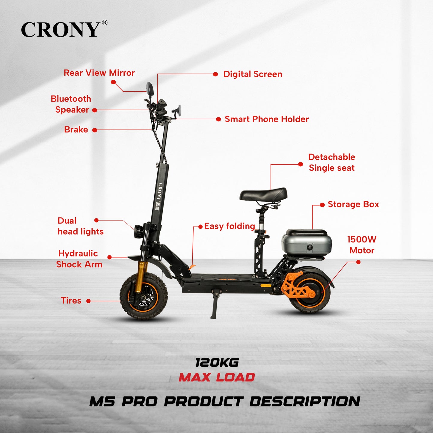 سكوتر كهربائي CRONY M5 Pro للكبار والأطفال مع مكبر صوت بلوتوث واتصال بالتطبيق